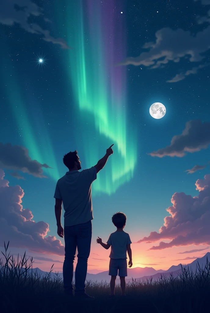 Create an image of a man and his son looking at the night sky, Where is the moon visible?, Northern Lights and the Southern Cross constellation. The man is pointing to the constellation while holding his son's hand.