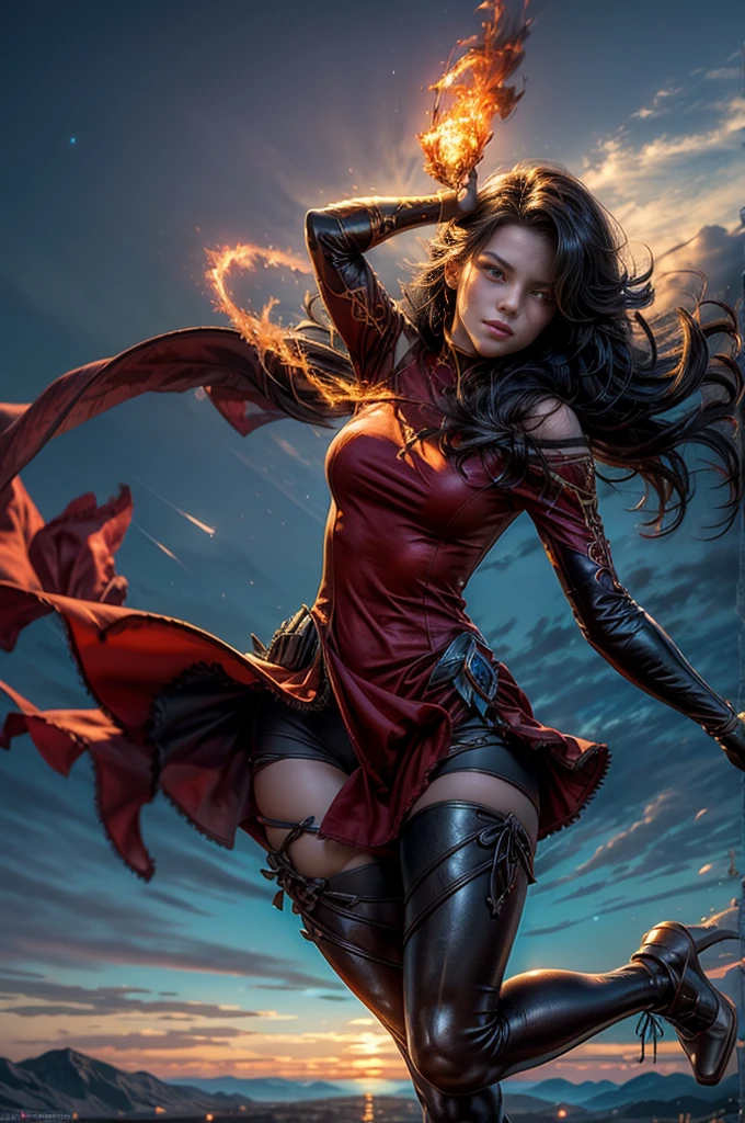(masterpiece, best quality:1.2), cowboy shot, solo, 1girl, cinder fall, looking at viewer, long hair, red dress, elbow gloves, pantyhose, dynamic pose, flying, holding flames, high in the sky, blue sky, clouds, (volumetric lighting), sharp focus, hyper detailed 