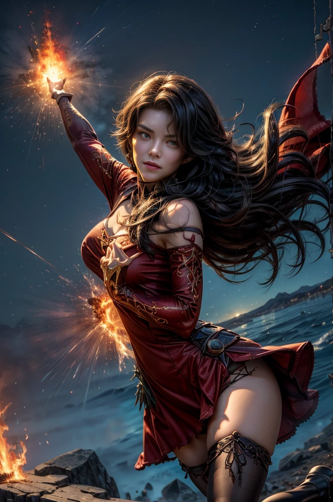 (masterpiece, best quality:1.2), cowboy shot, solo, 1girl, cinder fall, looking at viewer, long hair, red dress, elbow gloves, pantyhose, dynamic pose, flying, holding flames, high in the sky, blue sky, clouds, (volumetric lighting), sharp focus, hyper detailed