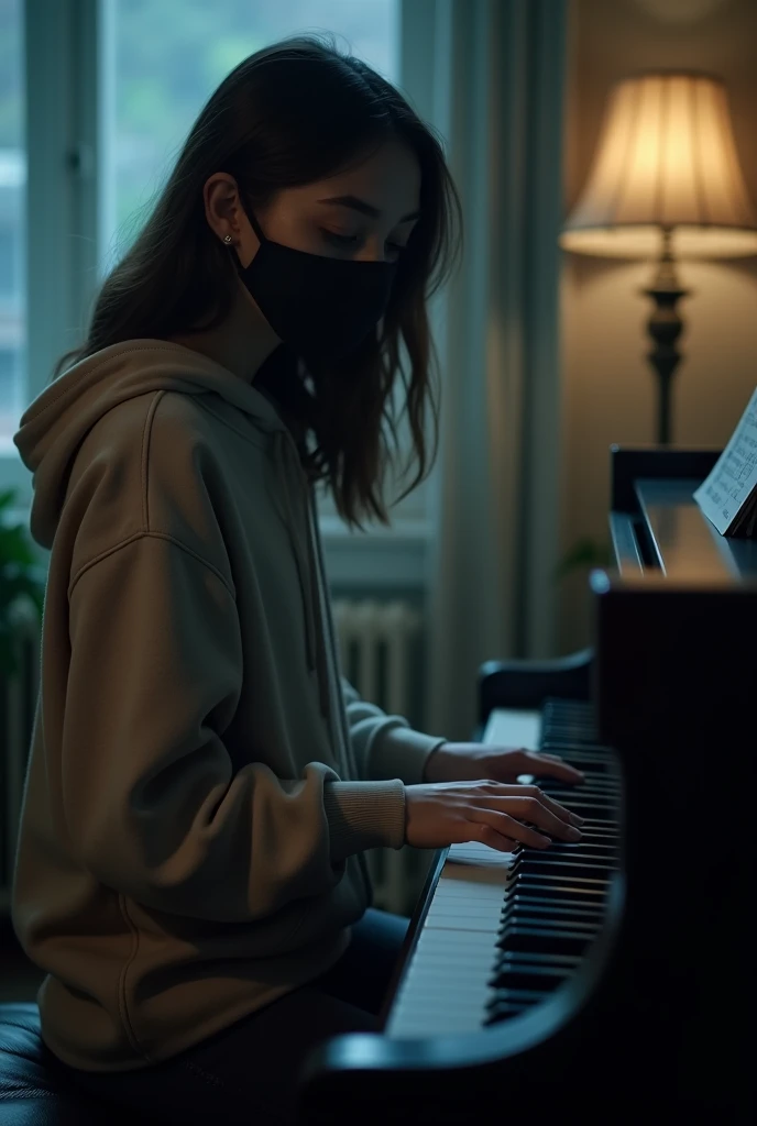 A full hd image of a girl wearing hoodie with black face mask  playing piano...