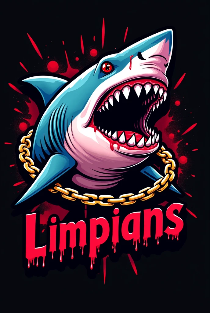 Please create a pink, bloodthirsty shark in a logo style for use as a team flag., put a golden chain on the shark. Black background and lots of blood, Also write the text: or!limpians from the bottom of the picture in blood letters