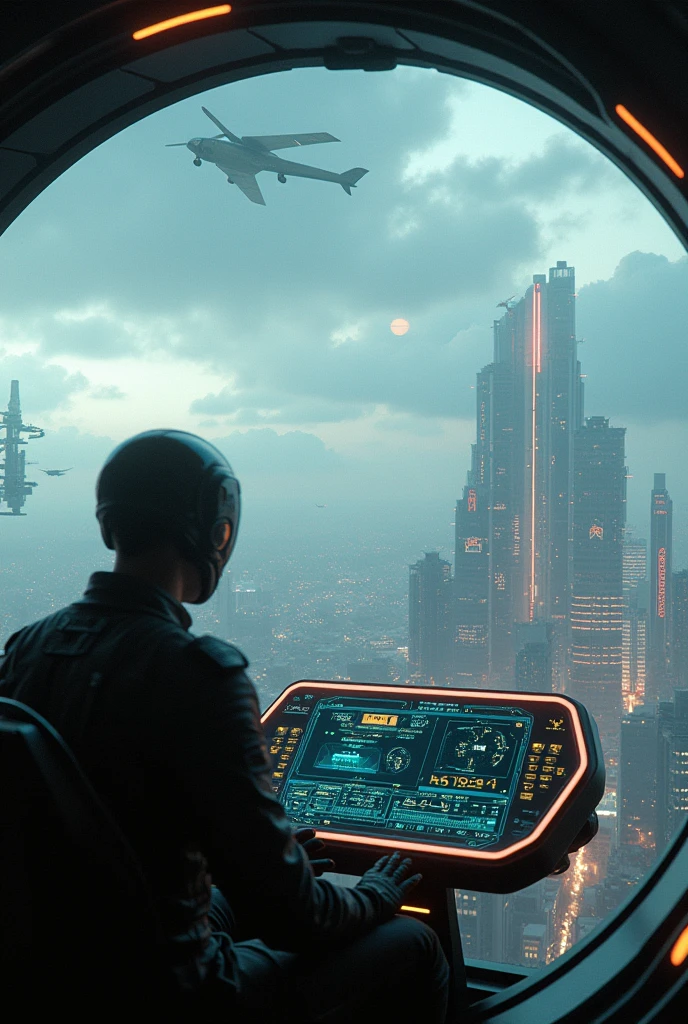View from inside a spinner vehicle, digital control board, manned by a trained military personnel wearing a special suit, with an aerodynamic helmet (Maximum quality), (masterpiece: 1,2), (Very detailed: 1,2), ultra high resolution, unprocessed color photography, 8k, panoramic photography, photography of vast landscapes, Realistic photos, Elaborated photos, Depth of written limit, sharp focus, View of a cloudy sky with fog and thunderstorms of a futuristic cyberpunk city, sky line, scratching the skies, drones, planes, helicopters, spinner vehicles, Beautiful colors, Depth of written limit, wide light, low contrast, Backlight, sharp focus, vibrant colors, motion settings, (film "Blade Runner"), (film "The fifth element"), NY, giant advertising holograms, view of Saturn and its rings, good heavens, lightning, rain.