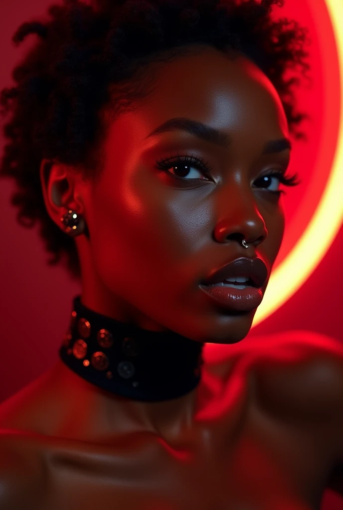 african woman, young, naked, short curly hair, septum piercing, dimples, thick collar around neck, naughty expression, black latex, red neon lights, devious smile close-up, UHD, retina, masterpiece, accurate, anatomically correct, textured skin, super detail, high details, high quality, award winning, best quality, highres
