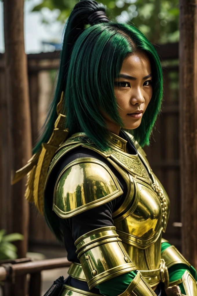 A Thai female warrior with black and green hair. Her weapon is a golden knuckle. She wears green and gold armor and rides on the back of a green rabbit.