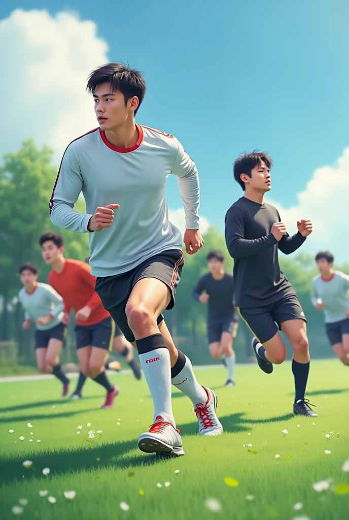 Korean men, long-sleeved sports shirts, not too many sports shorts, long socks, sports hats, grass, handsome Korean men