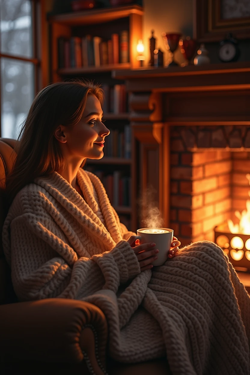A cozy winter evening scene featuring a nuked young woman sitting comfortably in a plush armchair by a roaring fireplace. The warm glow of the fire illuminates the room, which is decorated in rustic, inviting tones—soft, overstuffed cushions, a knitted blanket draped over her lap, and a steaming mug of hot cocoa in her hands. The walls are adorned with wooden beams and vintage bookshelves, filled with well-loved books and soft lighting from antique lamps. The woman gazes contentedly into the flames, with a hint of a smile on her face, capturing the essence of warmth, relaxation, and comfort.