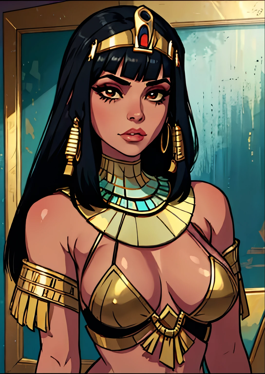 masterpiece, best quality, 1female, beautiful, face portrait, makeup, perfect fringe, serious, straight hair, black hair, egyptian queen