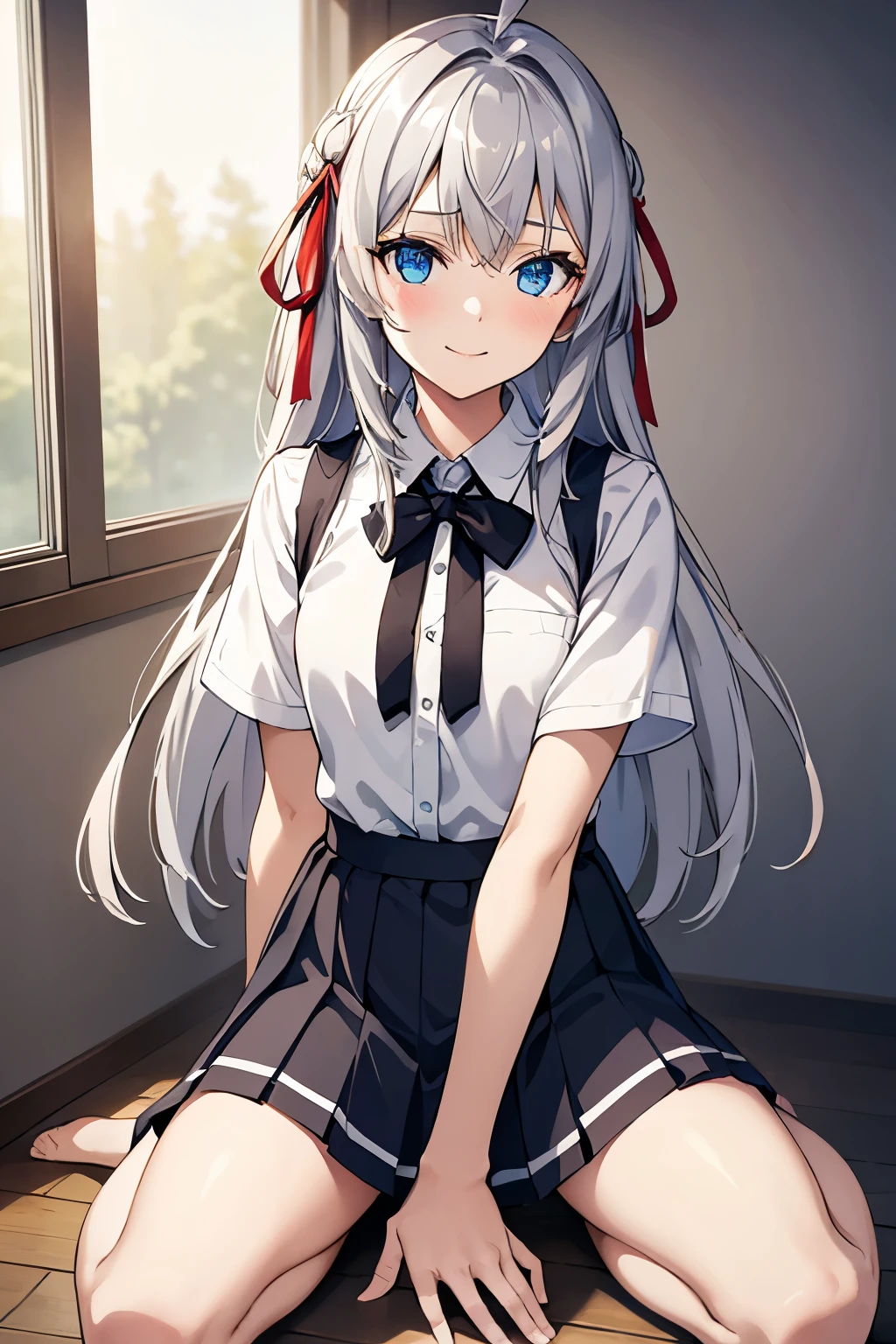 ((masterpiece)),(Highest quality),Official Art,Very delicate and beautiful,Highly detailed CG,unity 8k wallpaper,Super detailed,Beautiful attention to detail,One person,alone、smile,(small:1.2),Alisa Mikhailovna Kujo,Ahoge,Long Hair,Grey Hair,Hair Intake,Hair Ribbon,Red ribbon,Hair between the eyes,bangs,blue eyes,Crouching、Spreading legs、Pleated skirt