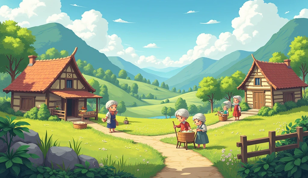 Villagers engaged in various activities like farming, cooking, and working, with simple, content expressions on their faces
