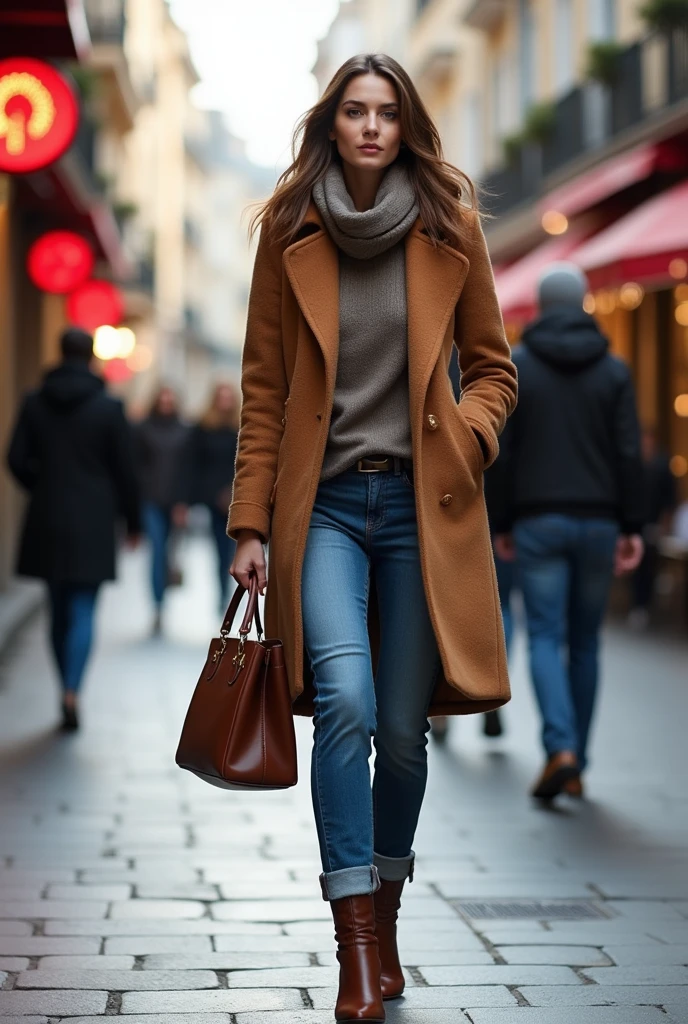 A beautiful woman wearing a winter jack walking in the street of turkey having a luxury purse in her hand wearing a jeans and images should from head to toe image
