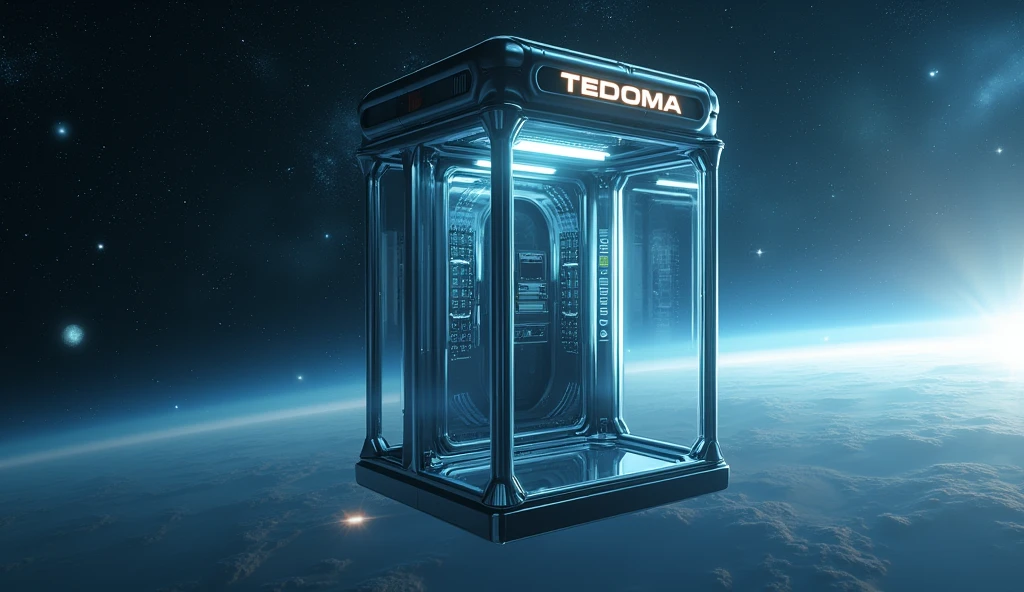 Há uma cabine telefônica flutuando no universe com planetas ao fundo, rendered in keyshot, police station, futuristic cabins, cabine no estilo TRON LEGACY, cabin made of glass, transparent cabins, universe, space sideral, represented as a 3D rendering, 3D rendering beep, space, phone booths, TEDOMA written at the top of the cabin, promotional rendering, sci-fi magic highly detailed.