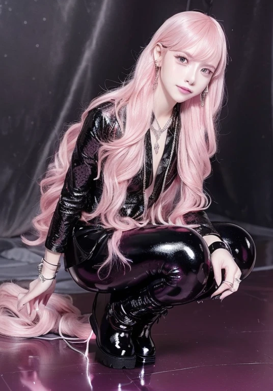 (8K, Top quality, masterpiece:1.2), (Practical, photoPractical:1.37), (Very detailed), (A girl), (Very detailed), (Beautifully detailed eyes), (Highest quality), (masterpiece), (Delicate face), (20 years old), (Pink Hair, Long hair), (Medium breasts), (wearing clothes), (Perfect lighting), rest, (Top to knees:1.3), (wavy pink Long hair:1.4), (Smile:1.2), (bright oasis background:1.2),(Heavy rain:1.2),. (Uniform lighting:1.5), (wet:1.3), rest, (black shiny leggings:1.5), (pink paisley pattern:1.4), (Boss:1.3), (Slim silhouette:1.5), (Ankle boots:1.4), (platinum necklace and ring set:1.2),