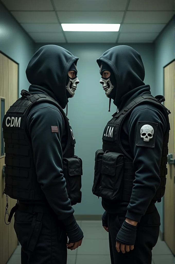 Two men with hoodies and skull balaclavas, wearing vests with "CDM" written on them, face each other in a meeting room.