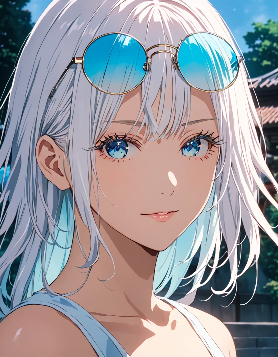 score_9, score_8_up, score_8, best quality,masterpiece,4k,very aesthetic,uncensored,rating_explicit,rating_questionable, anime_source,  gojou satoru, genderswap \(mtf\), long hair, white hair, luminous aquamarine blue eyes, depth of field, stunning color, (white eyelashes:1.5), female focus, BREAK, 1girl, mature, looking at the viewer, (eyewear on head, round eyewear), smile, smirking, grinning, white crop top, black jogger pants, perfect composition, BREAK,cinematic lighting and shadow, dynamic pose, expressive, perfect face, perfect body,(masterpiece), (best quality), (ultra-detailed), very aesthetic,very detailed, high detailed texture, 8k, mappa studio screencap, jujutsu kaisen art style