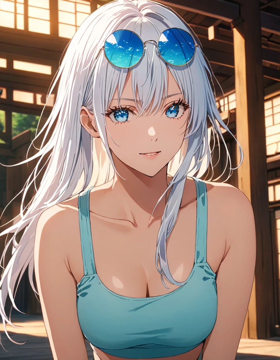 score_9, score_8_up, score_8, best quality,masterpiece,4k,very aesthetic,uncensored,rating_explicit,rating_questionable, anime_source,  gojou satoru, genderswap \(mtf\), long hair, white hair, luminous aquamarine blue eyes, depth of field, stunning color, (white eyelashes:1.5), female focus, BREAK, 1girl, mature, looking at the viewer, (eyewear on head, round eyewear), smile, smirking, grinning, white crop top, black jogger pants, perfect composition, BREAK,cinematic lighting and shadow, dynamic pose, expressive, perfect face, perfect body,(masterpiece), (best quality), (ultra-detailed), very aesthetic,very detailed, high detailed texture, 8k, mappa studio screencap, jujutsu kaisen art style