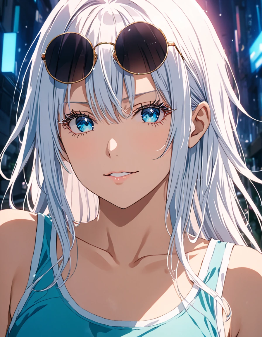 score_9, score_8_up, score_8, best quality,masterpiece,4k,very aesthetic,uncensored,rating_explicit,rating_questionable, anime_source,  gojou satoru, genderswap \(mtf\), long hair, white hair, luminous aquamarine blue eyes, depth of field, stunning color, (white eyelashes:1.5), female focus, BREAK, 1girl, mature, looking at the viewer, (eyewear on head, round eyewear), smile, smirking, grinning, white crop top, black jogger pants, perfect composition, BREAK,cinematic lighting and shadow, dynamic pose, expressive, perfect face, perfect body,(masterpiece), (best quality), (ultra-detailed), very aesthetic,very detailed, high detailed texture, 8k, mappa studio screencap, jujutsu kaisen art style