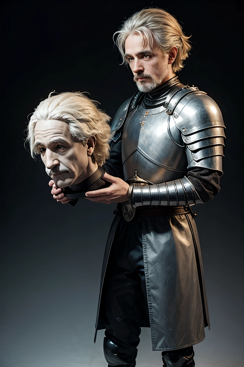 Create a headless knight holding Albert Einstein's head in animation