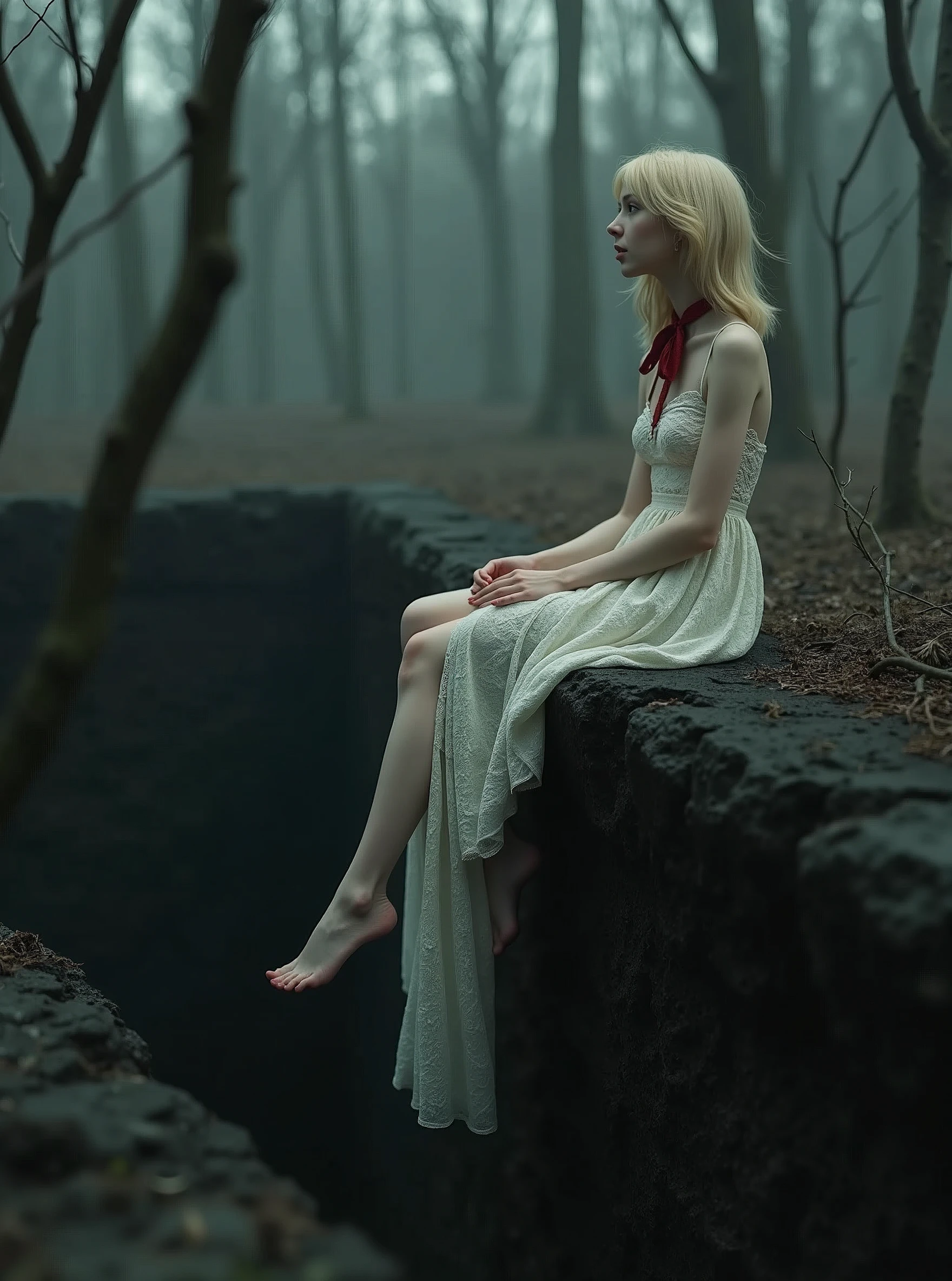 (photorealism:1.1), girl, blonde, medium length hair, hair on one side of head, long legs, beautiful, medium sized breasts, wearing a white long dress, girl's shoulders are bare, light wind moves her hair, lace dress, long train of the dress hangs on the edge of the grave, girl sitting on the right edge of the grave, gray eyes, background dense dry gloomy forest of very thin branches, view from inside the grave, girl sitting on the edge of the pit with her legs overhanging, gaze directed to the inside of the pit, looking up, red lace bouffant bow around her neck, grave dug in the ground, edges are unpaved, walls of earth, earth is black, wide grave, edges are flat