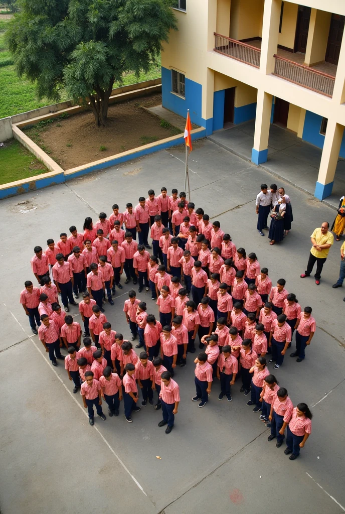 Create an aerial view rectangle landscape image of a school ground, ground is soily and have little bit grass where students are standing in an organized manner and facing to school building, forming the letters 'A S B A H' with their bodies. Few remaining students made border to letter 'A S B A H'. Students uniform colour orangish pink small box checker shirt and navy blue pant.
Teachers stand infront of the students and bottom of school building. 15 Male Teachers in right side uniform creamy yellow colour shirt and black pant. 20 Female teachers in left side in Muslim black nakab and creamy scarf.
school have long length two floors with creamy yellow colour walls with blue colour bottoms. School have open terrace. School have boundary walls. School out side is farming land present.
The scene should be set during a Indian national fastival Independence Day of india celebration. A tri colour Indian flag in a poll setted on the school building.
The background should include a school building with a visible sign reading in red colour 'ASBAH ENGLISH SCHOOL,' a mini garden, and a large tree. The atmosphere should feel vibrant and festive, reflecting the spirit of the celebration."