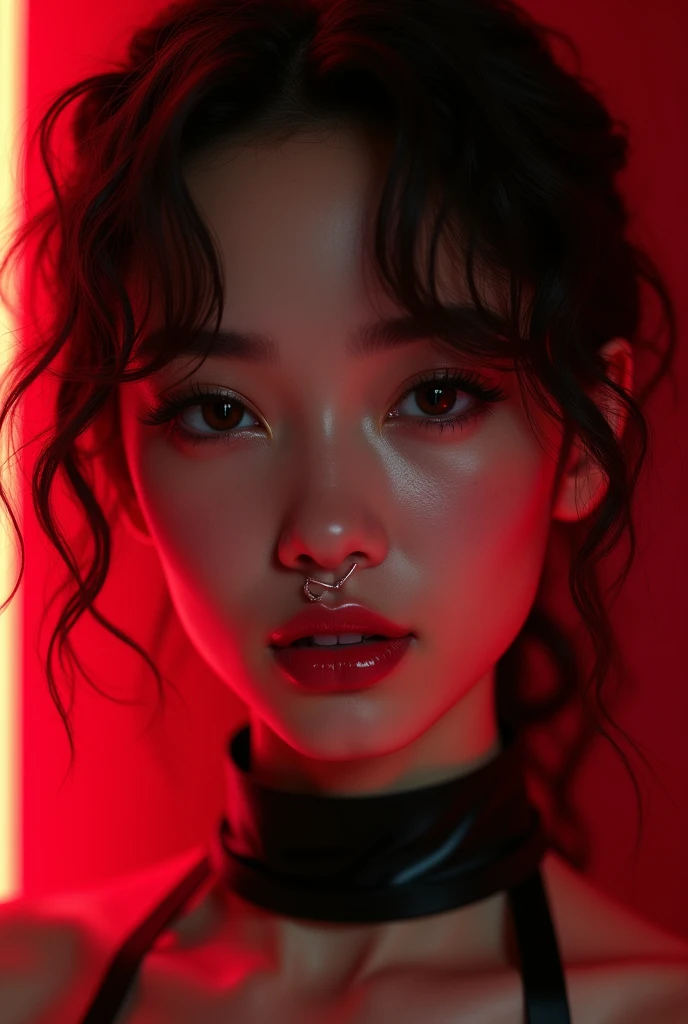 asian woman, young, naked, short curly braids, septum piercing, dimples, thick collar around neck, naughty expression, black latex, red neon lights, devious smile close-up, UHD, retina, masterpiece, accurate, anatomically correct, textured skin, super detail, high details, high quality, award winning, best quality, highres
