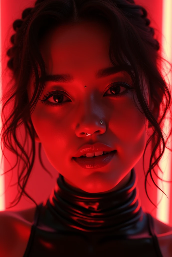 asian woman, young, naked, short curly braids, septum piercing, dimples, thick collar around neck, naughty expression, black latex, red neon lights, devious smile close-up, UHD, retina, masterpiece, accurate, anatomically correct, textured skin, super detail, high details, high quality, award winning, best quality, highres