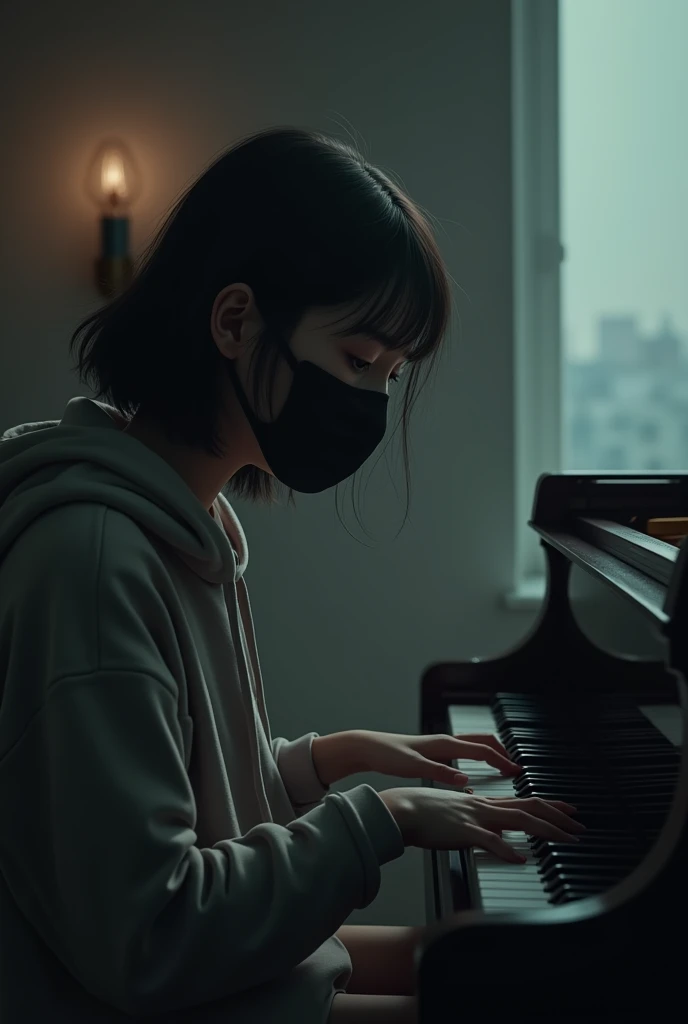 A full hd image of a girl wearing hoodie with black face mask  playing piano...