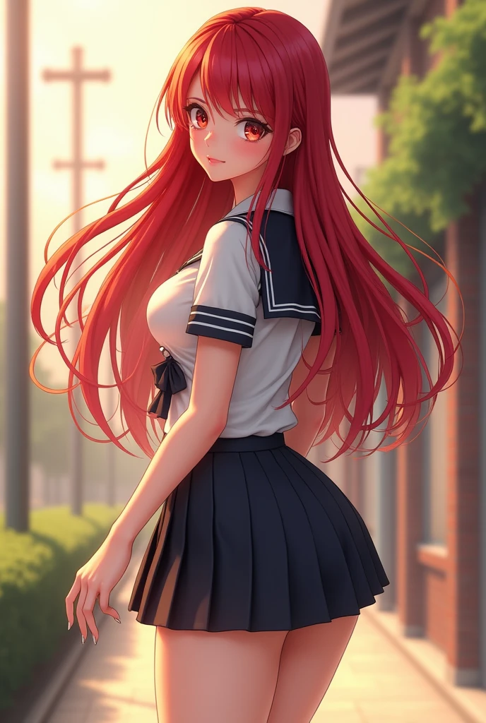 A beautiful detailed school girl with big breasts, wearing a mini skirt, with long red hair, (best quality,4k,8k,highres,masterpiece:1.2),ultra-detailed,(realistic,photorealistic,photo-realistic:1.37),beautiful detailed eyes,beautiful detailed lips,extremely detailed eyes and face,long eyelashes,highly detailed uniform,intricate pleats on skirt,glossy long red hair flowing,school campus background,soft lighting,warm color tones