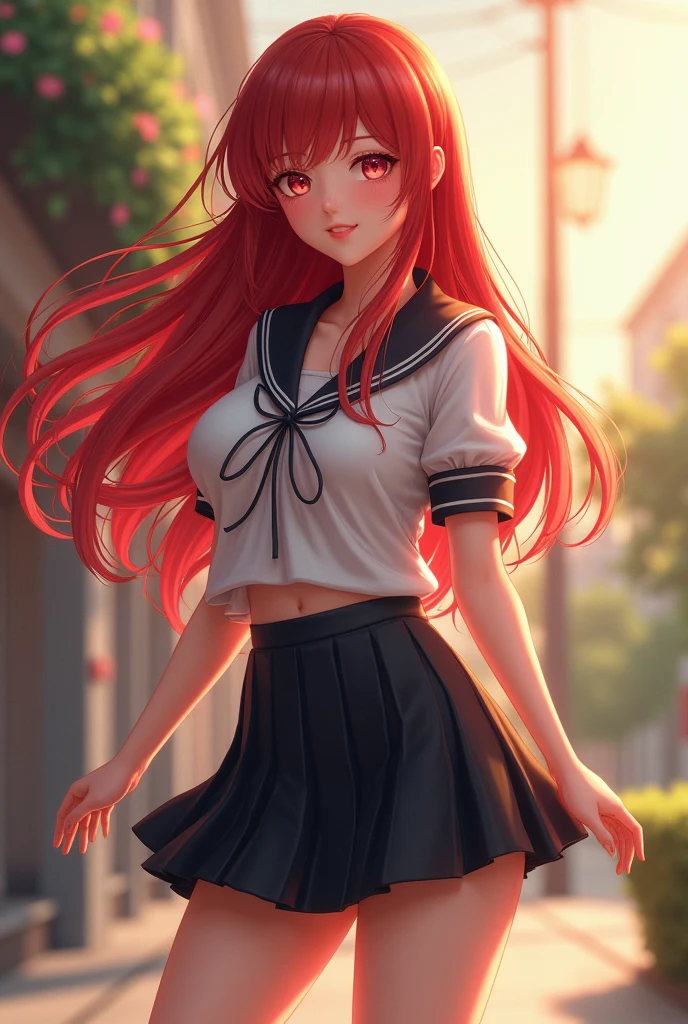A beautiful detailed school girl with big breasts, wearing a mini skirt, with long red hair, (best quality,4k,8k,highres,masterpiece:1.2),ultra-detailed,(realistic,photorealistic,photo-realistic:1.37),beautiful detailed eyes,beautiful detailed lips,extremely detailed eyes and face,long eyelashes,highly detailed uniform,intricate pleats on skirt,glossy long red hair flowing,school campus background,soft lighting,warm color tones