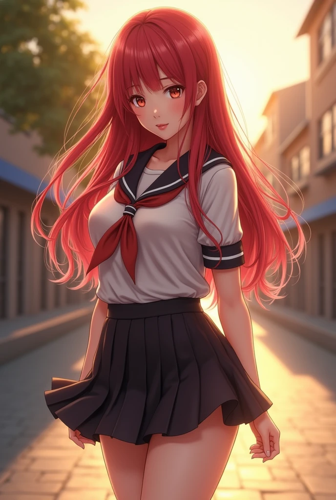 A beautiful detailed school girl with big breasts, wearing a mini skirt, with long red hair, (best quality,4k,8k,highres,masterpiece:1.2),ultra-detailed,(realistic,photorealistic,photo-realistic:1.37),beautiful detailed eyes,beautiful detailed lips,extremely detailed eyes and face,long eyelashes,highly detailed uniform,intricate pleats on skirt,glossy long red hair flowing,school campus background,soft lighting,warm color tones