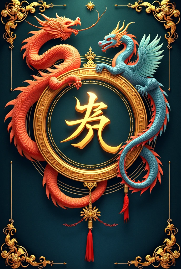 An RPG book cover. The center is the Chinese kanji for the word wushu inside a ring, all gold on the right side outside the ring a long dragon. On the left side a Chinese phoenix. In the footer written, Wushu the RPG game. Created by Julio Wagner and based on the vampire game, to mask. The text I requested is missing