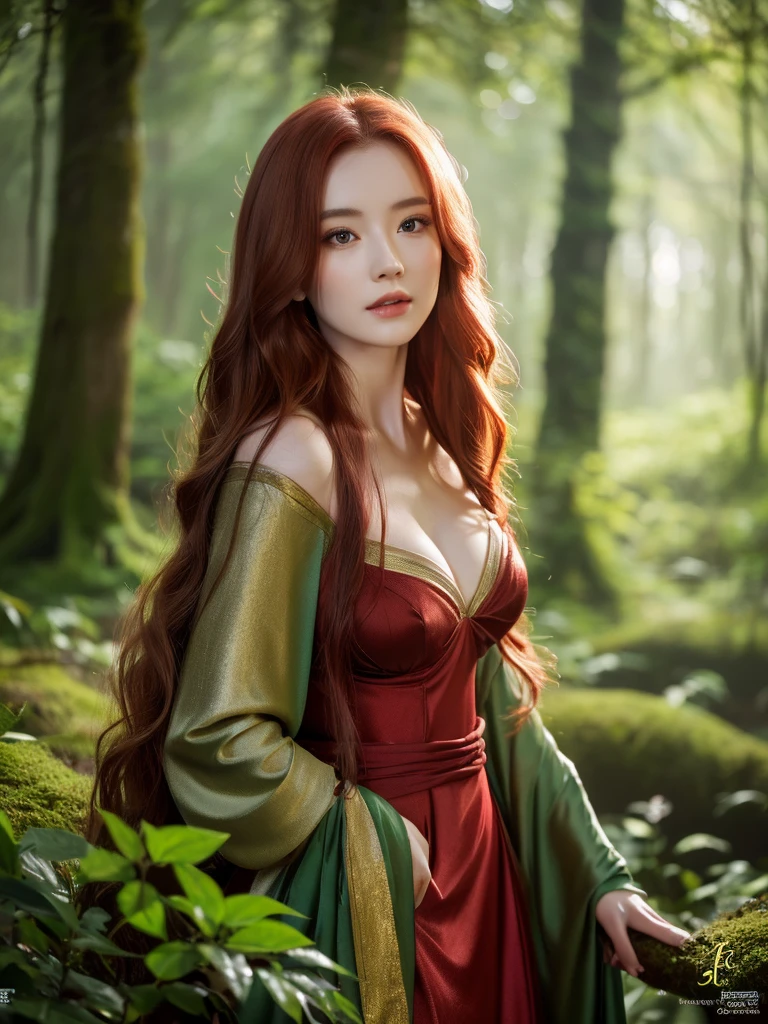 a beautiful redheaded asian girl, long very silky hair, elegant elf dress, dense forest, no sunlight, detailed face and eyes, very big tits (best quality,4k,8k,highres,masterpiece:1.2),ultra-detailed,(realistic,photorealistic,photo-realistic:1.37),magical fantasy atmosphere,fantasy,concept art