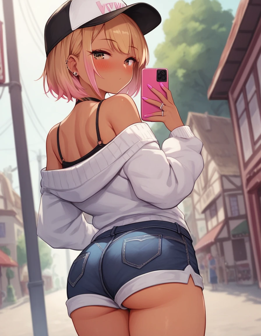 ((sexy girl ,gyaru)) ,nsfw, glamorous, slender, curvy, cap,short brown hair, off shoulder  blouse,shorts, town,stand,looking at viewer,smartphone in hand,moistened eyes,blush,sexual ecstasy, pert ass, presenting butt, young, flat chest, 9 years old, young girl, slutty, 