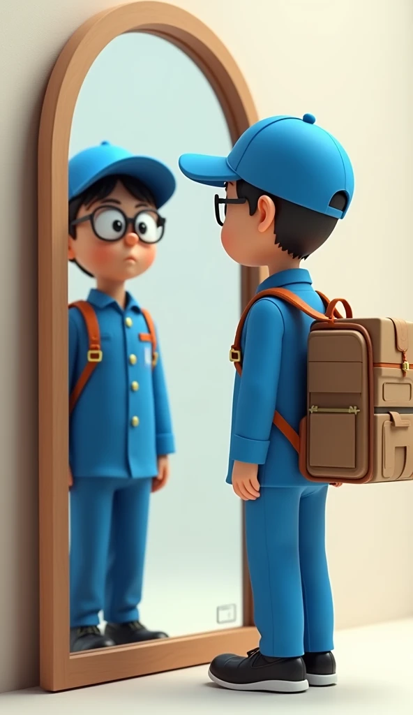 Nobita stands in front of the mirror, wears a blue shipper uniform, wears a backpack filled with packages, Sharp 3D image 