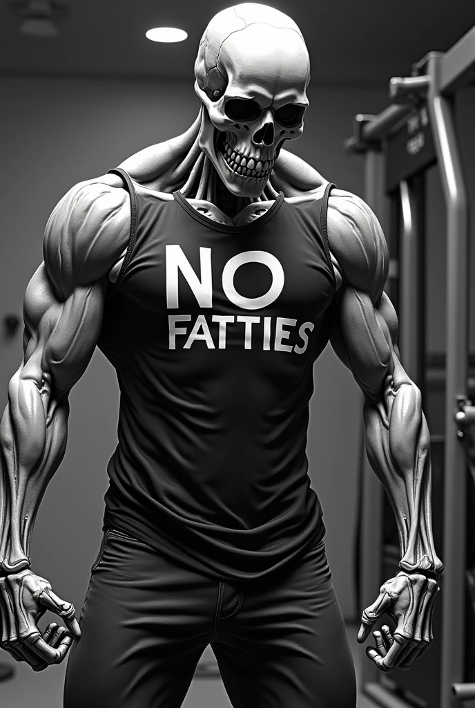 Skeleton with giant muscles like a bodybuilder with a shirt of "no fatties" working out at the gym in black and white. It should be only from the torso up