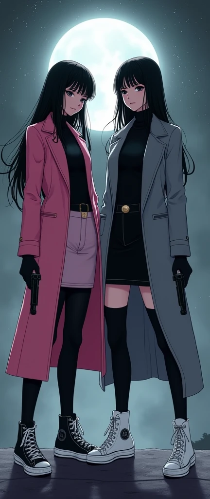 (Two young womens, long black hairs, yuri, Vampire Hunters
The first young women black eyes wear a pink long coat, black shirt, pink pencil skirt, black underpants, black tights, black gloves, white sneakers high top.
The second young women black eyes wore a grey long coat, black shirt, grey pencil skirt, black underpants, black tights, black gloves, white sneakers high top.
They turned their backs to each other, holding a pistol handguns, black grey sky, fantastic night sky, moon, cartoon novel, 4K, HD