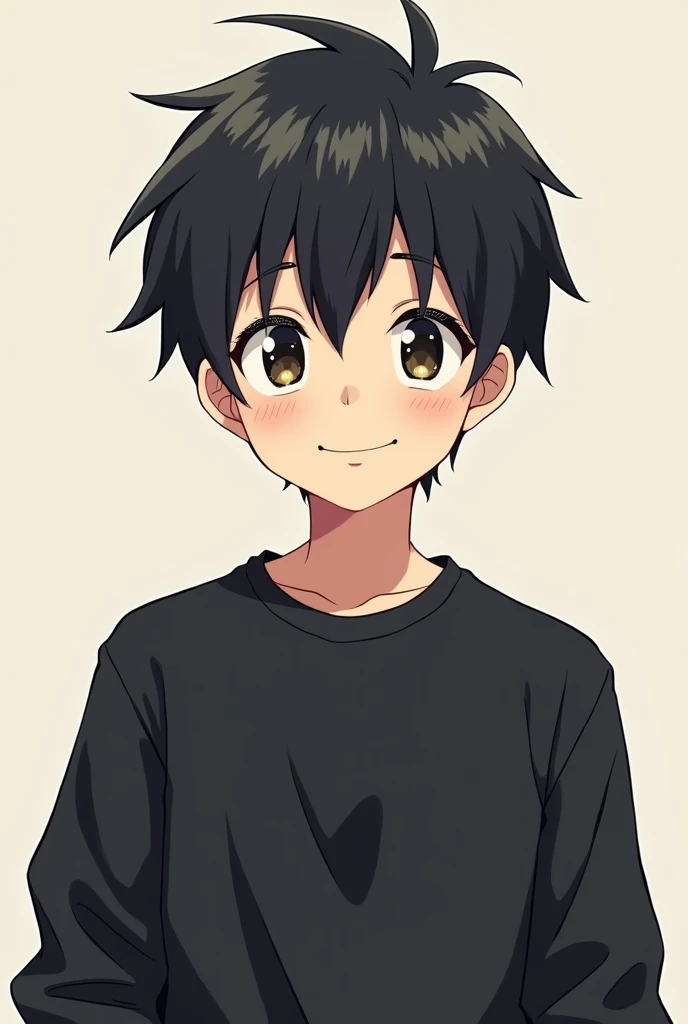 Cute anime male cartoon character with black hair, wearing a black sweatshirt, with a brave smile and brave eyes.