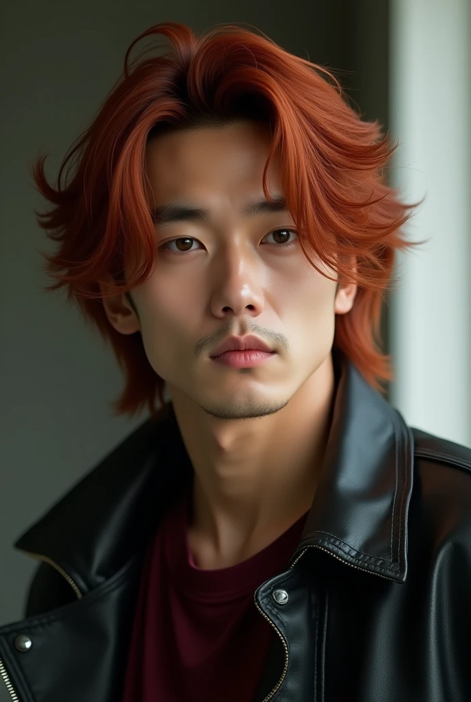 A man similar to Korean actor Gong Yoo with almond-shaped eyes, full lips, a delicate nose, and well-defined muscles. Long, fiery red hair, a soft yet profound gaze with a hint of ironic humor. A confident posture, often seen in a leather jacket over a burgundy shirt.