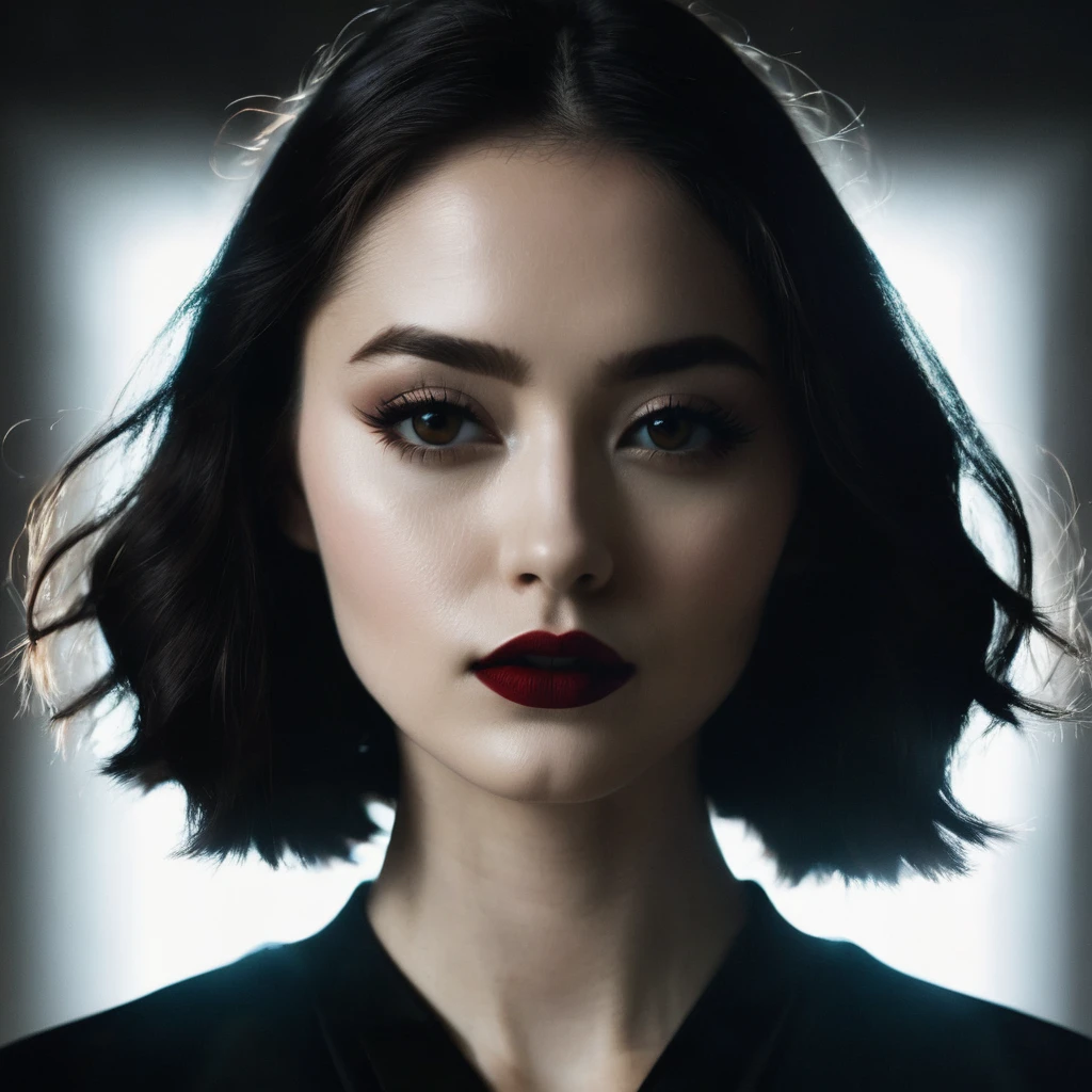 Portrait of a enigmatic woman with bird eyes and dark red lips wearing little top, standing in a dimly lit room, with a single beam of bright sunlight illuminating their face, black outfit with subtle white accents in a blurry dark background.