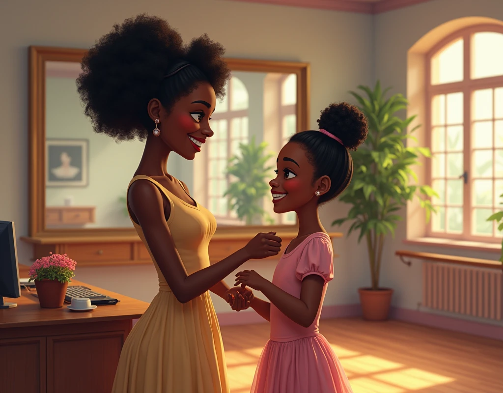 Mother paying for her daughter's registration at a ballet studio, both smiling happily. The style should evoke the warmth and detail of a Norman Rockwell illustration, capturing a moment of joy and connection. The people in this image must be black and with Brazilian characteristics.