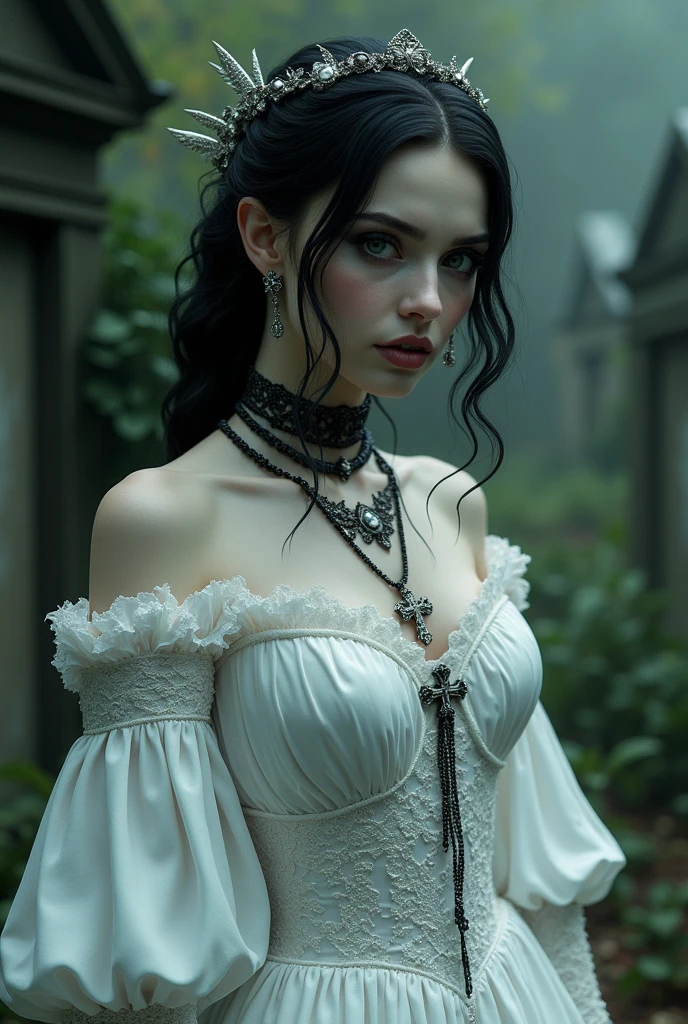 Imagine a pale-skinned vampire with black hair and dark eyes, wearing a white wedding dress with elven sleeves, accessories in silver and black crucifixes, Victorian style, similar to , well-detailed in a cemetery with many plants in excellent lighting.