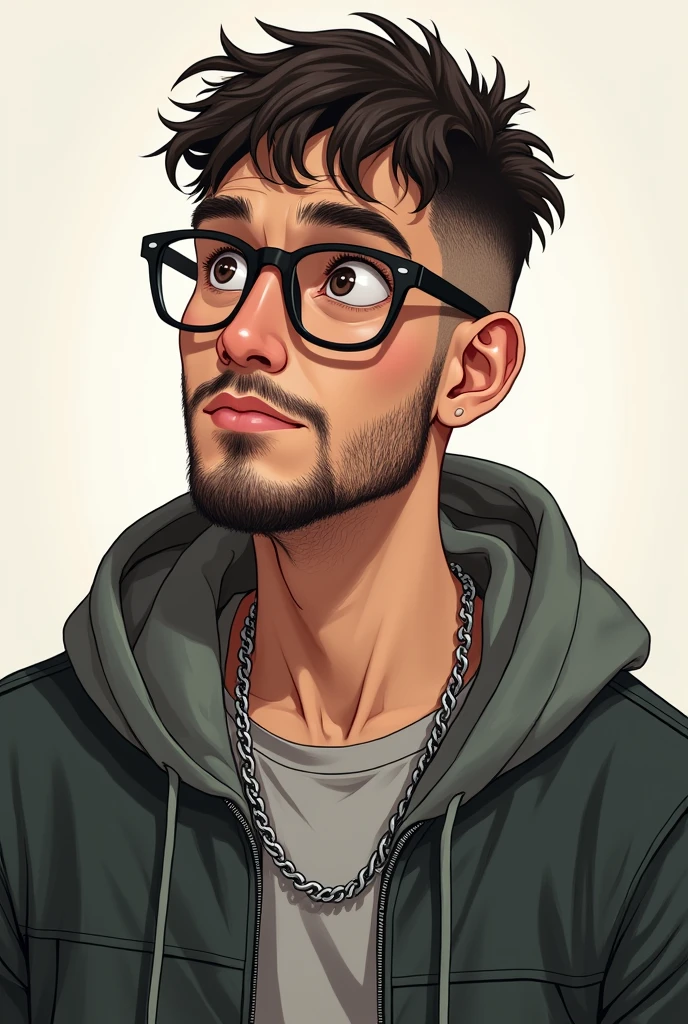 24 year old guy with short crew cut hair with a fringe style beard on his chin, with a silver chain necklace and glasses, round face and geek clothes