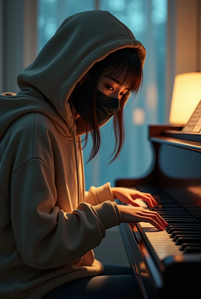 A full hd image of a girl wearing hoodie with black face mask playing piano...