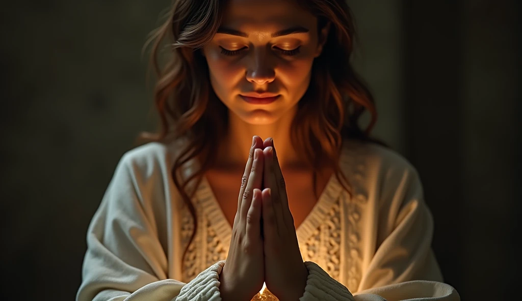 Imagine a high-resolution, photorealistic image that exquisitely captures a person genuinely praying. The person is kneeling with both hands carefully joined, in a gesture of deep devotion. The backlight is absolutely realistic, emanating from a celestial source and filling the scene with a soft, natural glow. Every detail of the image is offered, from the wrinkles on the subject's hands to the subtle nuances of shadow and light on their face. The image quality is exceptional, with textures, cores and details that seem to pop off the screen. This image is an impressive representation of faith and spirituality, capable of touching the hearts of those who contemplate it.