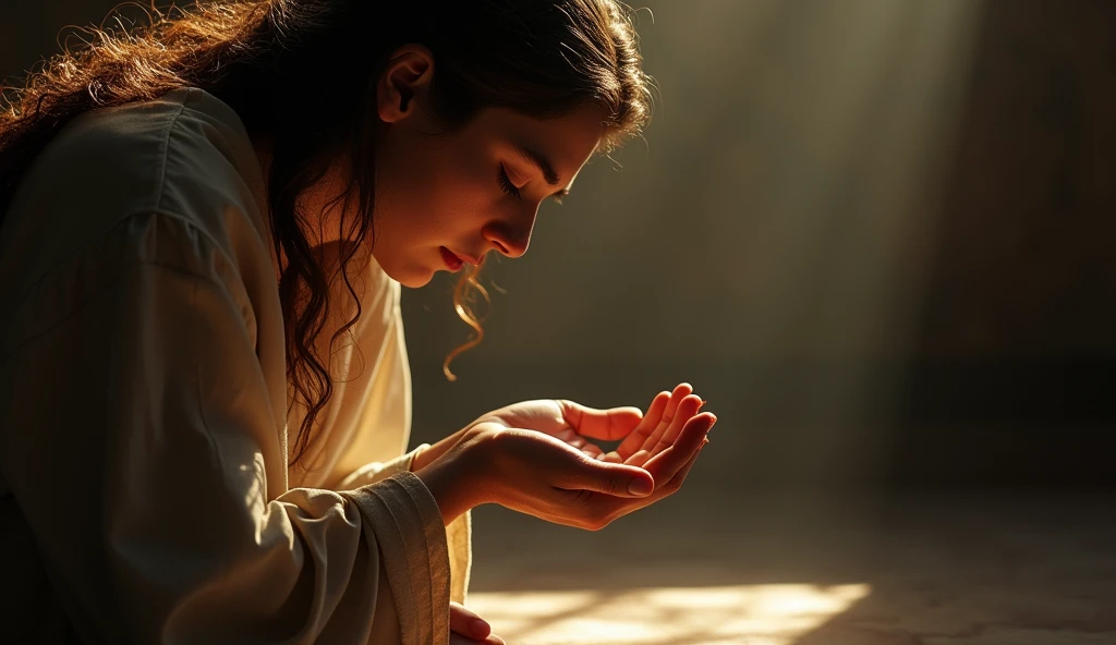 Imagine a high-resolution, photorealistic image that exquisitely captures a person genuinely praying. The person is kneeling with both hands carefully joined, in a gesture of deep devotion. The backlight is absolutely realistic, emanating from a celestial source and filling the scene with a soft, natural glow. Every detail of the image is offered, from the wrinkles on the subject's hands to the subtle nuances of shadow and light on their face. The image quality is exceptional, with textures, cores and details that seem to pop off the screen. This image is an impressive representation of faith and spirituality, capable of touching the hearts of those who contemplate it.