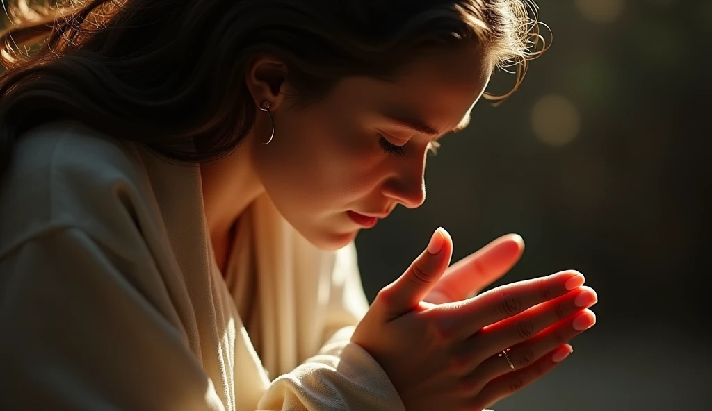 Imagine a high-resolution, photorealistic image that exquisitely captures a person genuinely praying. The person is kneeling with both hands carefully joined, in a gesture of deep devotion. The backlight is absolutely realistic, emanating from a celestial source and filling the scene with a soft, natural glow. Every detail of the image is offered, from the wrinkles on the subject's hands to the subtle nuances of shadow and light on their face. The image quality is exceptional, with textures, cores and details that seem to pop off the screen. This image is an impressive representation of faith and spirituality, capable of touching the hearts of those who contemplate it.