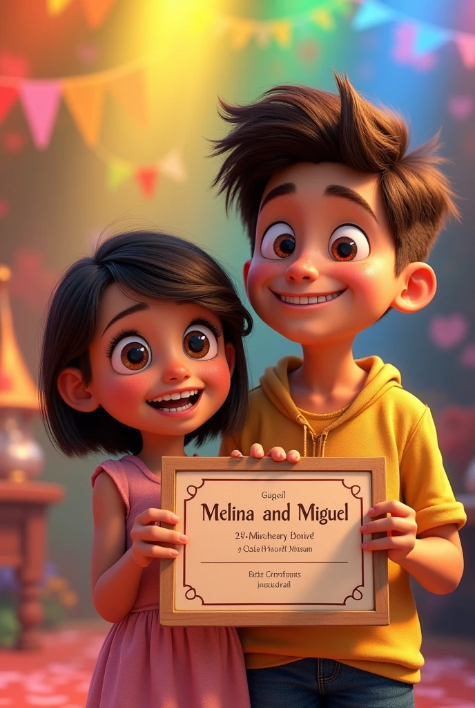 A vibrant and colorful scene with a Brazilian girl of approximately 5 years old, short with light brown eyes, long hair past her shoulders and fair skin, against the backdrop of the emotions of Inside Out 2. She is accompanied by a Brazilian teenager from approximately 13 years old, tall with brown hair, wearing braces and dark brown eyes. They hold a Pixar-style birthday party invitation, with the text "Melina and Miguel, Pixar-Style Birthday Invitation." The overall image is happy, full of energy and shows the warmth of Brazilian culture.