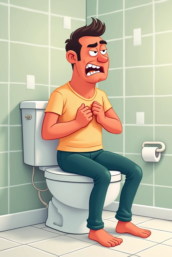 One cartoon man sitting on comode with constipated face and holding his chest with one hand and holding his back with another hand thinking of kidneys