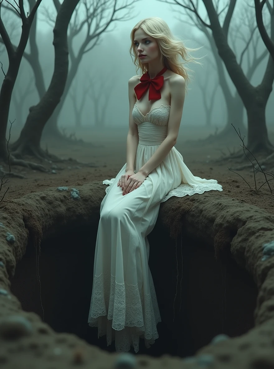 Young woman, blonde, medium length hair, her hair is styled on one side of her head, Long legs, Beauty, medium breasts, dressed in a long white dress, the girl's shoulders are bare, a light wind ruffles her hair, lace dress, a long train of the dress hangs on the edge of the grave, Young woman сидит на правом краю могилы, gray eyes color, the background is a dense, dry, gloomy forest of very thin branches, a view from inside the grave, Young woman сидит на краю ямы свесив ноги, The view is directed inside the pit, looks up, a red lace, fluffy bow around her neck, grave is dug in the ground, The edges are earthen, earth walls, black earth, wide grave, even edges