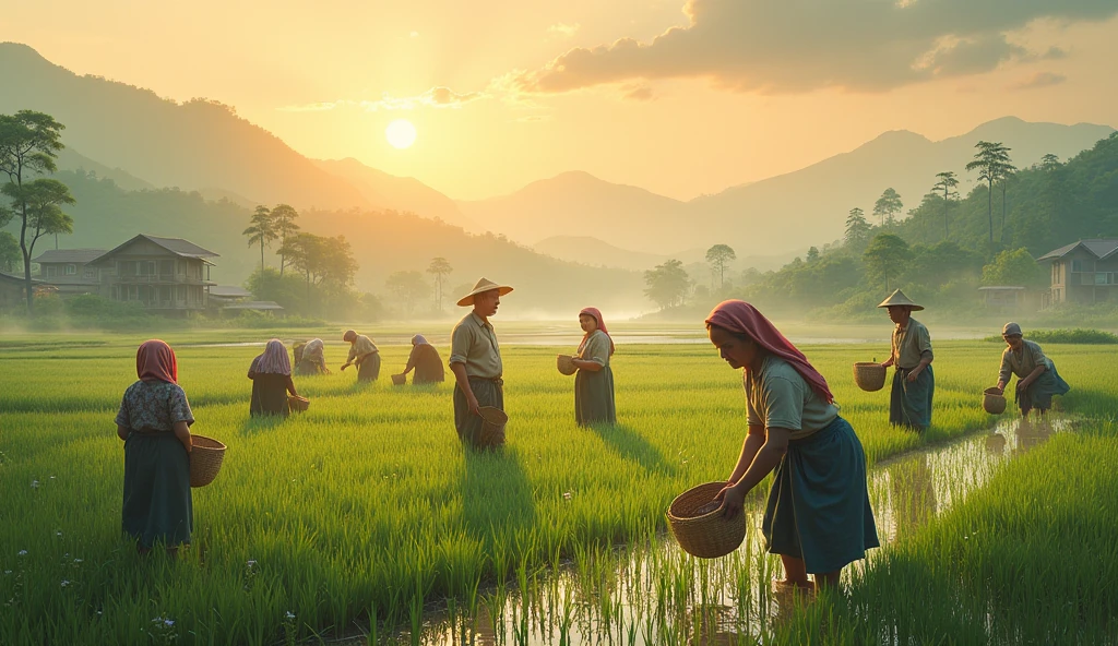 Early morning scene with farmers planting rice in fields and women doing household chores, all working diligently under the rising sun