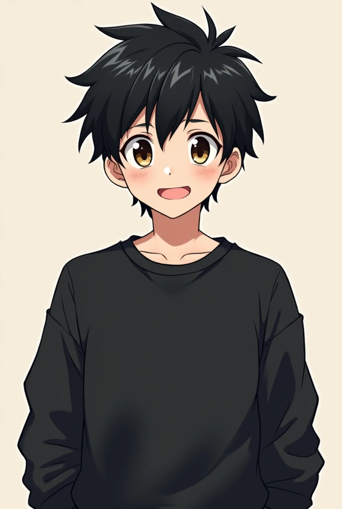 Cute anime male cartoon character with black hair, wearing a black sweatshirt, with a brave smile and brave eyes.